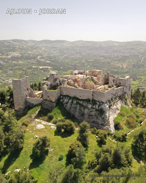 Aerial view of Ajloun Castle and the green Jordan Valley
