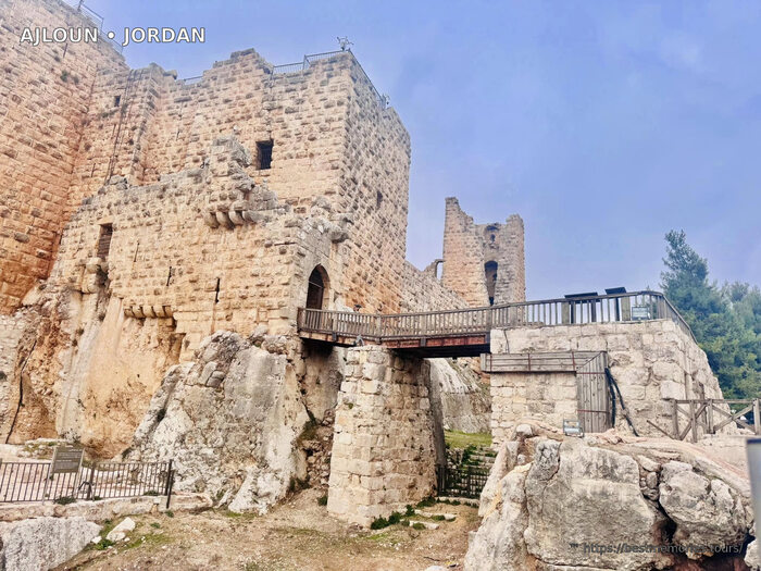 Ajloun Castle bridge and stone towers, Jordan