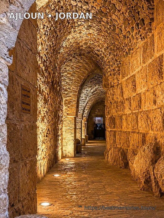 Stone-vaulted corridor inside Ajloun Castle, Jordan
