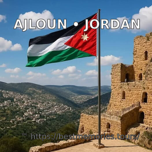 Jordanian flag beside Ajloun Castle, Jordan