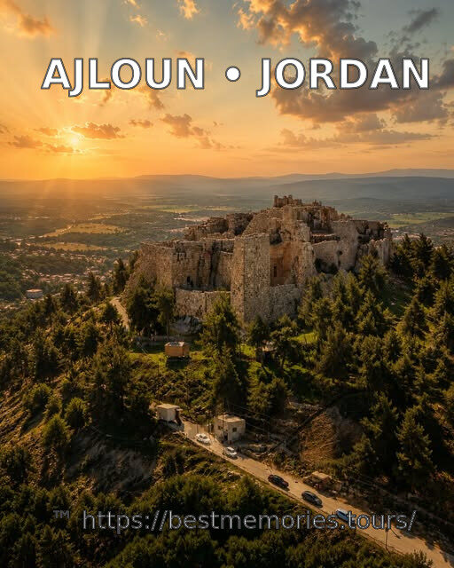 Ajloun Castle above the forested hills at sunset, Jordan