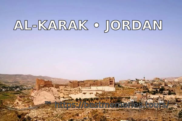 Al-Karak Castle and surrounding town in Jordan from a wide viewpoint