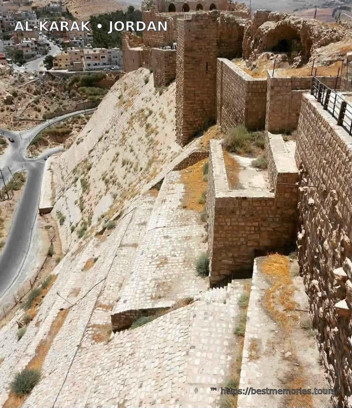Fortified walls and stone stairway inside Al-Karak Castle, Jordan