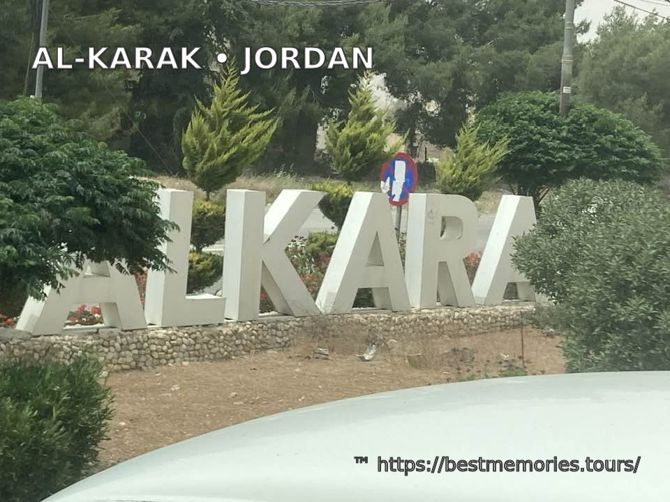 Al-Karak town sign in Jordan near the historic Crusader castle