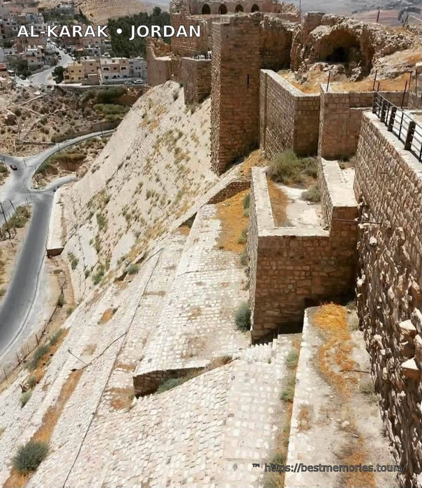 Fortified walls and stone stairway inside Al-Karak Castle, Jordan