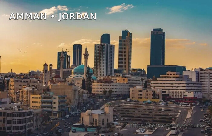 Downtown Amman skyline and mosque at sunset, Jordan