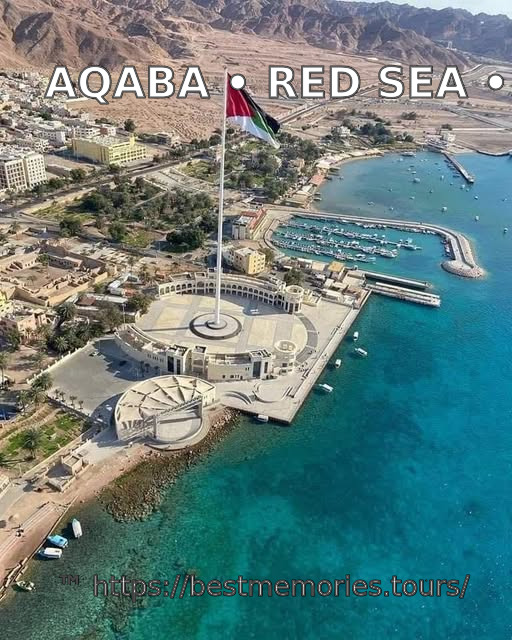 Ayla Marina and turquoise Red Sea coastline from above in Aqaba, Jordan