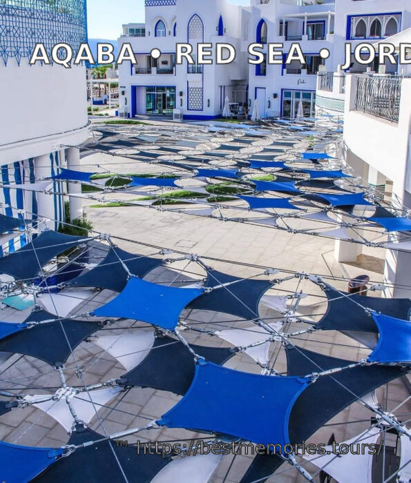 Ayla waterfront promenade with geometric shade canopies in Aqaba, Jordan
