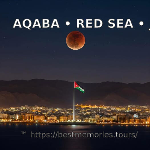 Aqaba, Jordan city lights and Jordanian flag beside the Red Sea at night