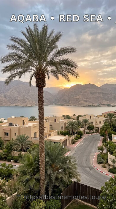 Palm-lined coastal road at sunset in Aqaba, Jordan — Red Sea holiday scenery