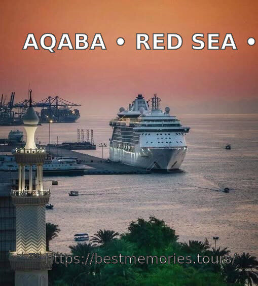 Cruise ships and Aqaba port at sunset on the Gulf of Aqaba, Red Sea, Jordan