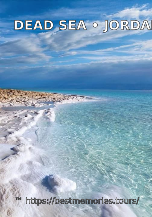 White salt crystals along the turquoise Dead Sea shore in Jordan