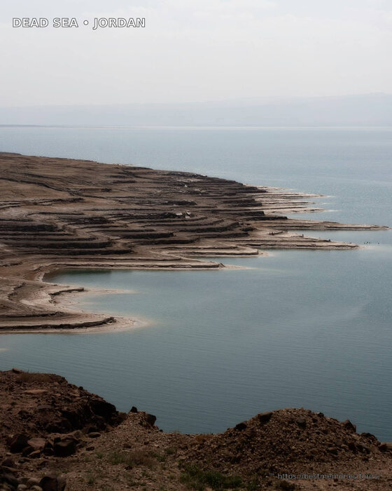 Dead Sea desert coastline and mineral shoreline viewed from Jordan