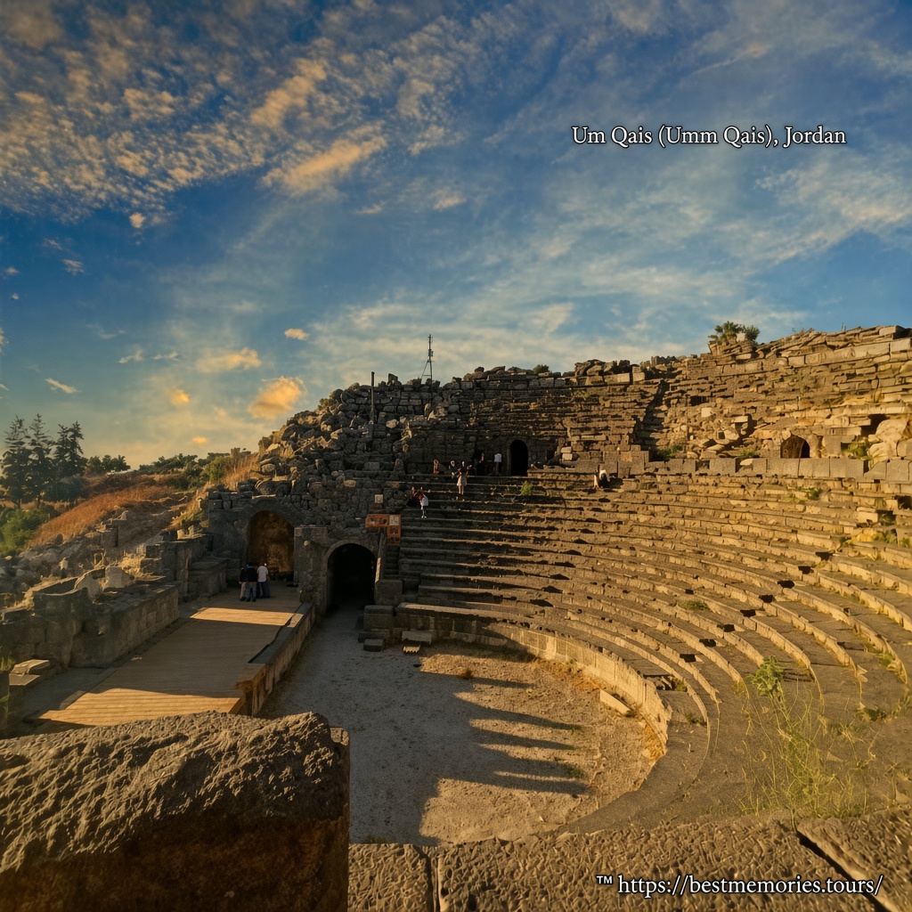 Black basalt Roman ruins and historic stone terraces at Umm Qais, Jordan