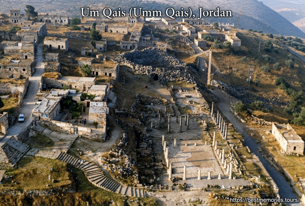 Aerial view of the ancient Gadara ruins at Umm Qais, northern Jordan