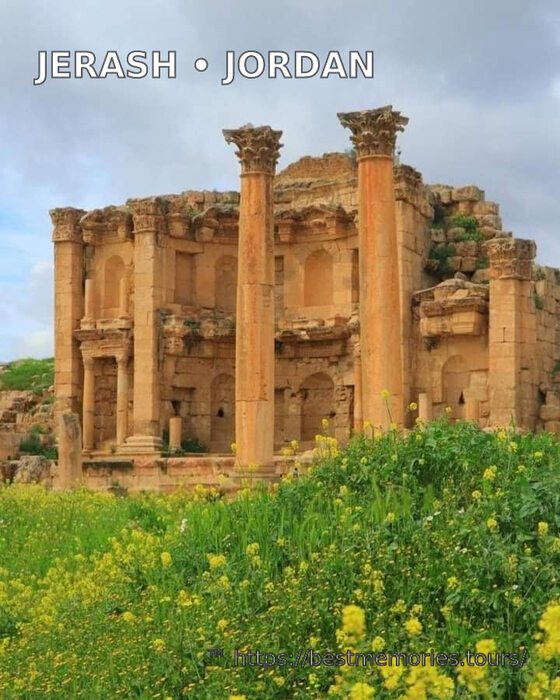 Jerash temple ruins surrounded by spring flowers, Jordan