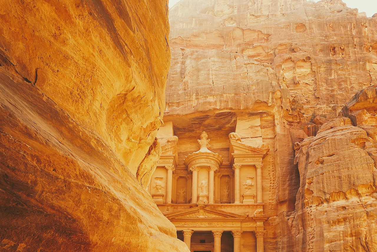 Al-Khazneh Treasury seen from the Siq canyon in Petra, Jordan UNESCO World Heritage Site