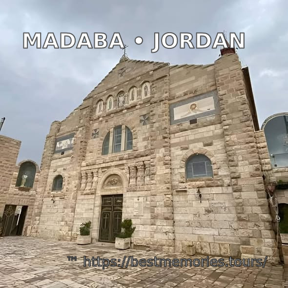 Historic stone church façade in Madaba, Jordan — City of Mosaics sightseeing