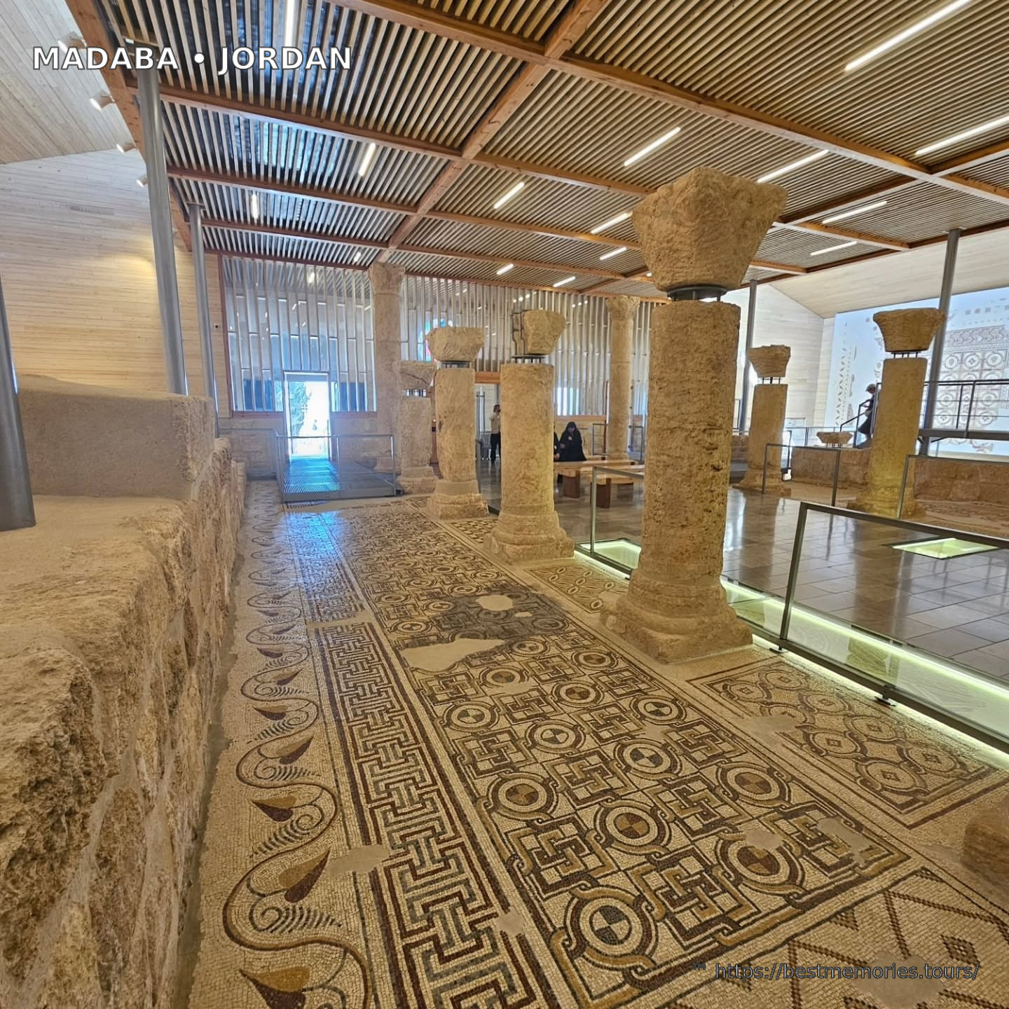 Ancient mosaic floor inside a Madaba archaeology museum in Jordan