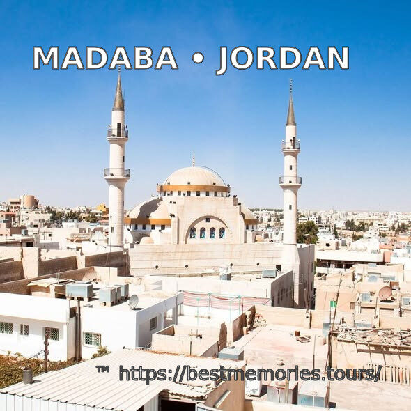 Madaba mosque and city rooftops in central Jordan