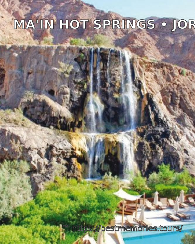 Ma'in Hot Springs thermal waterfall above a resort pool in Jordan