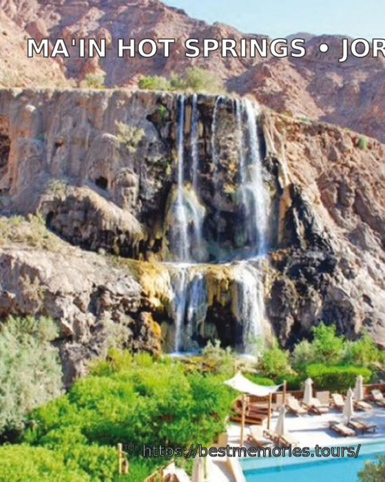 Ma'in Hot Springs thermal waterfall above a resort pool in Jordan