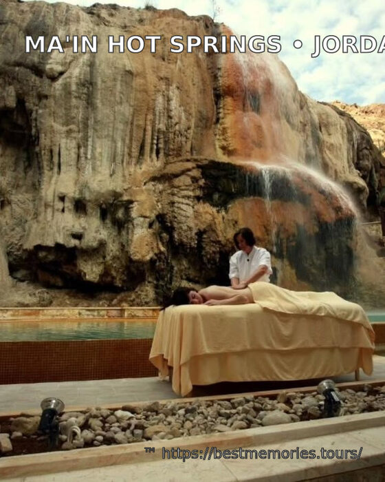 Spa treatment beside a thermal waterfall at Ma'in Hot Springs, Jordan