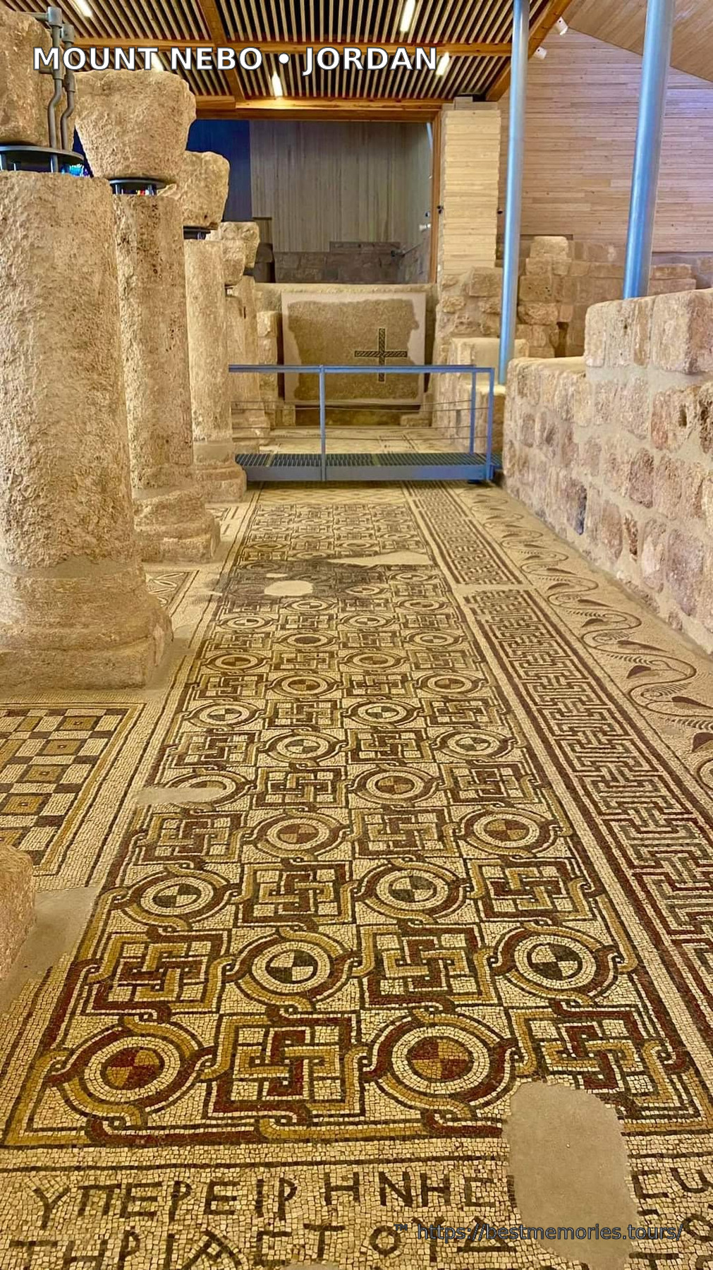 Byzantine mosaic aisle and church ruins at Mount Nebo, Jordan