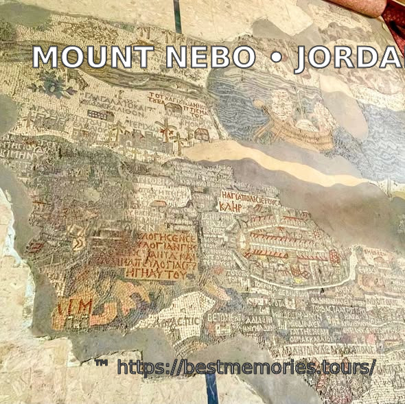 Historic Madaba Map mosaic detail displayed near Mount Nebo, Jordan