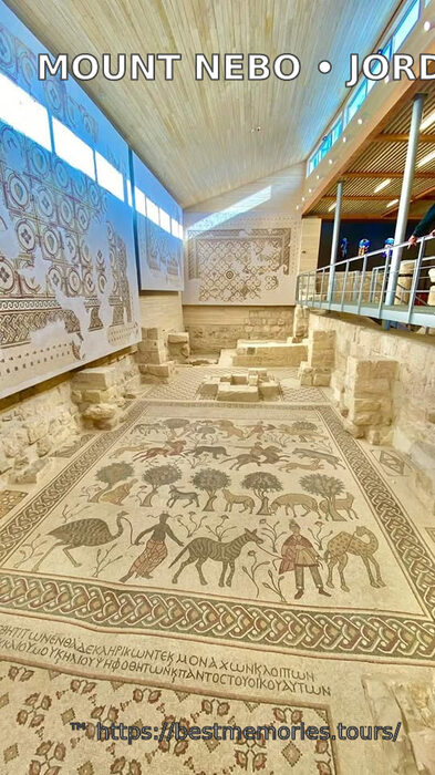 Mosaic gallery and archaeological remains inside Mount Nebo Basilica, Jordan