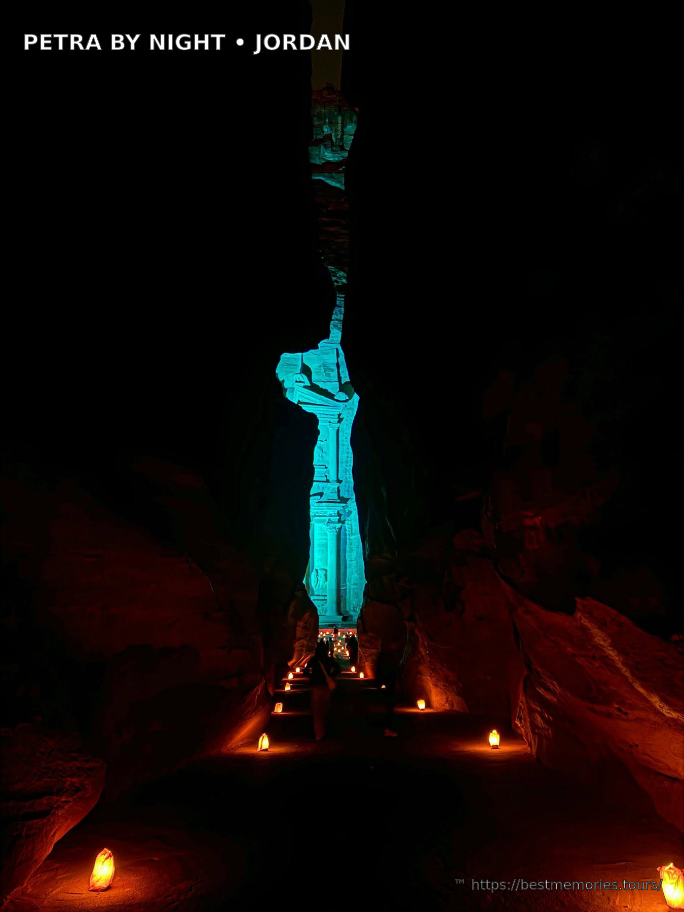 Blue-lit rock passage on the Petra by Night Siq route in Petra, Jordan