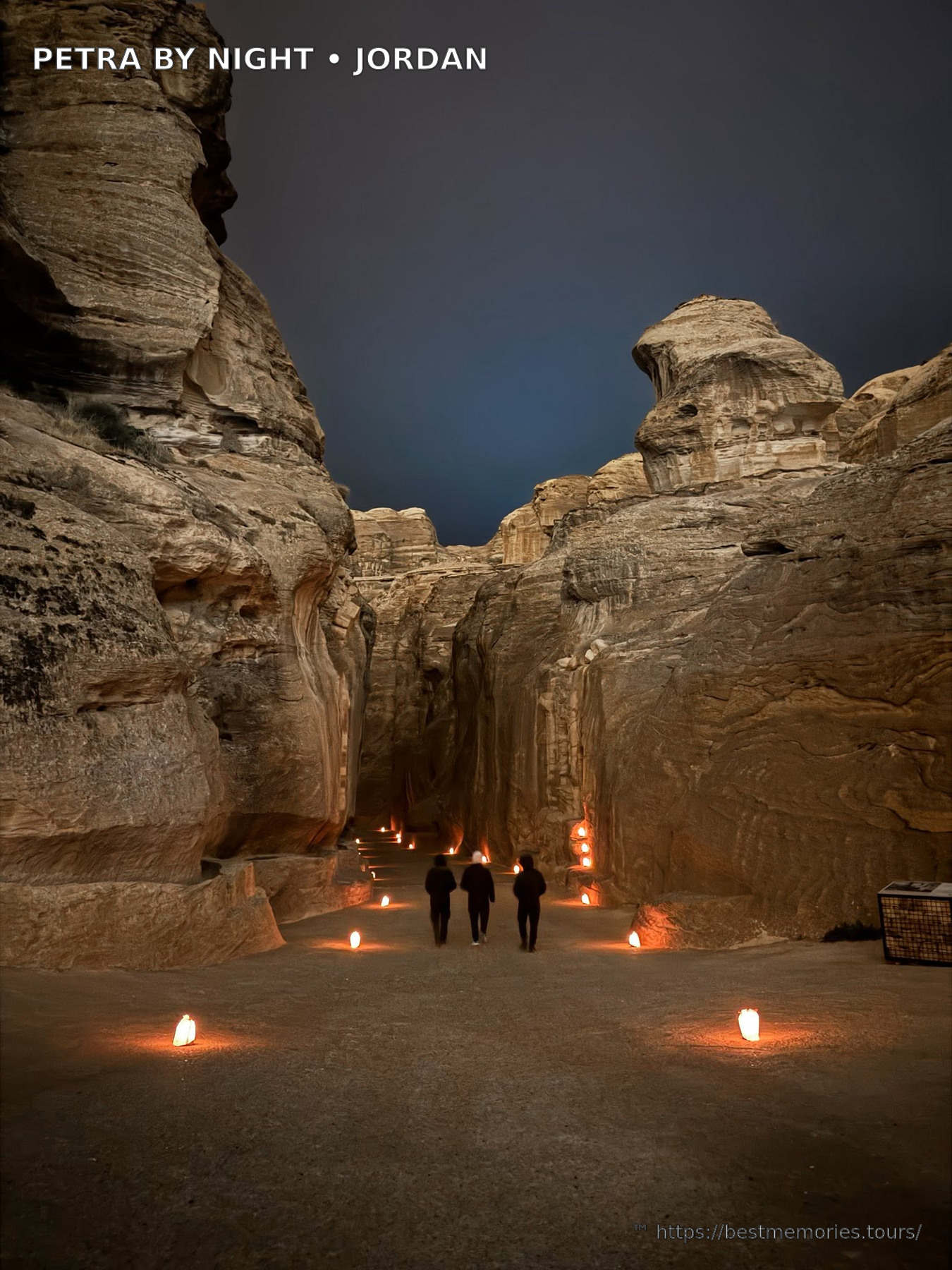 Lanterns lighting the sandstone Siq canyon at Petra by Night, Jordan