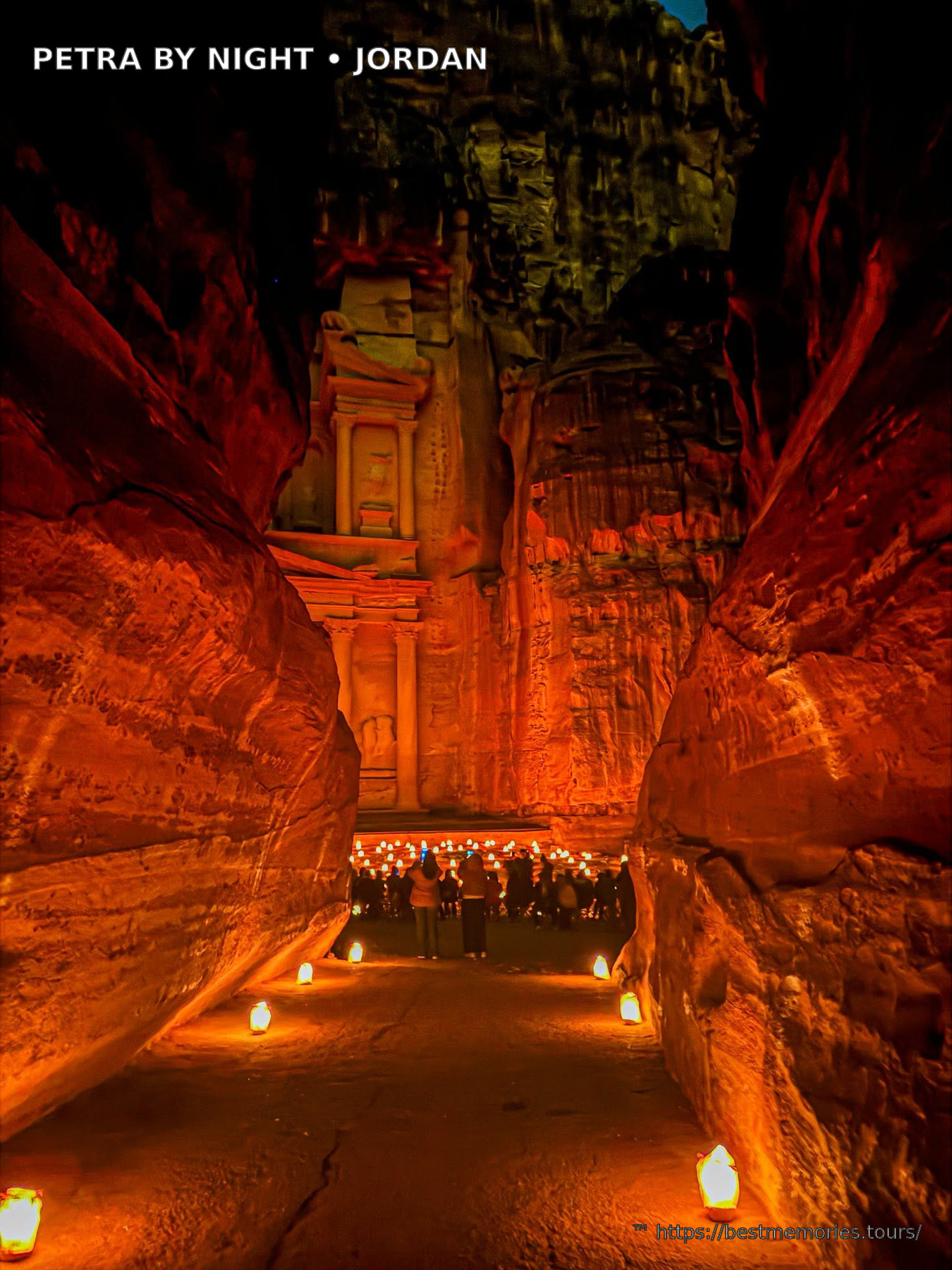 Lantern-lined Siq leading to Petra Treasury, Petra by Night experience in Jordan