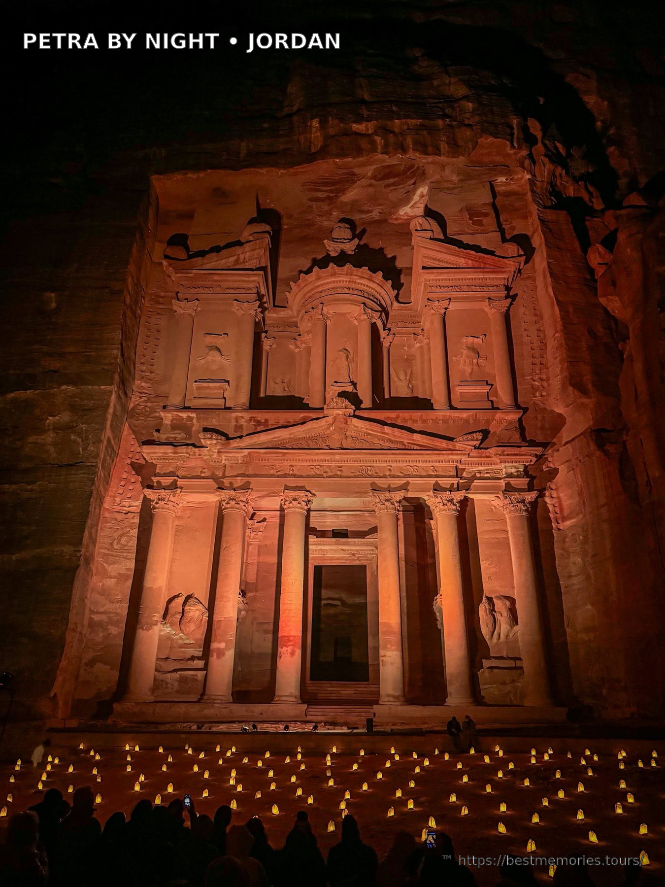 Candlelit Petra Treasury facade during a Petra by Night tourism experience in Jordan