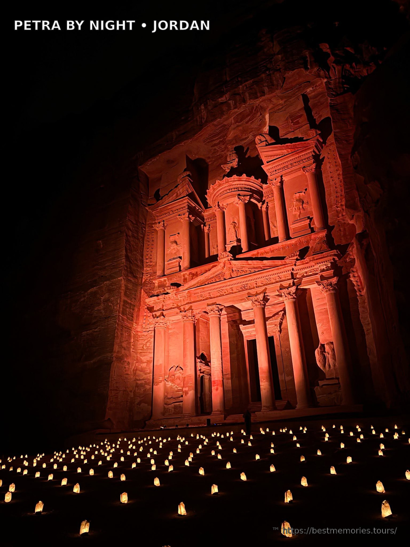Candlelit view of Petra Treasury facade at night, Wadi Musa, Jordan