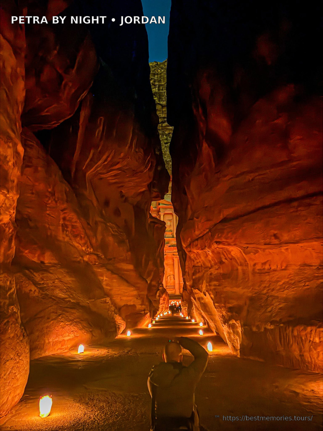 Red-lit Nabataean Treasury Al-Khazneh during Petra by Night in Jordan