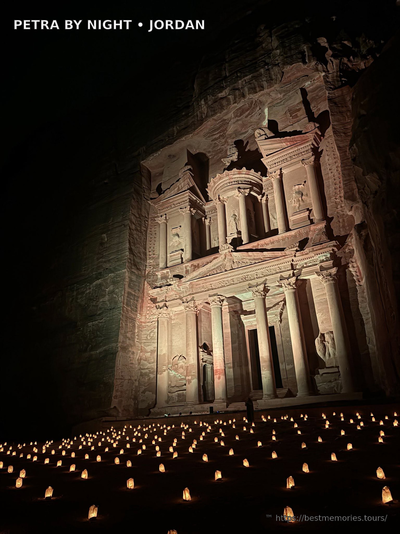 White-lit Al-Khazneh Treasury facade at Petra archaeological site in Jordan