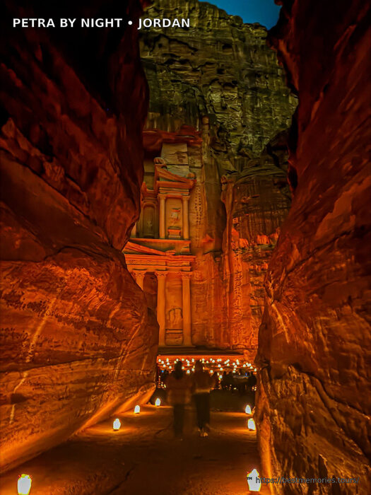 Petra by Night candlelit walk through the Siq toward the Treasury in Wadi Musa, Jordan