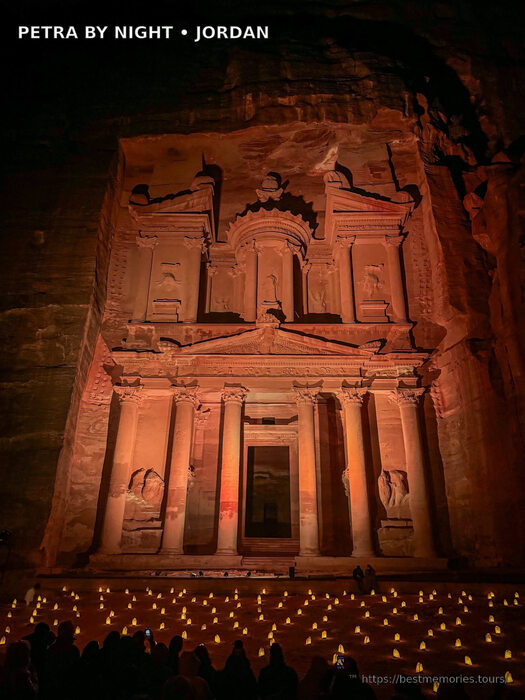 Candlelit Petra Treasury facade during a Petra by Night tourism experience in Jordan