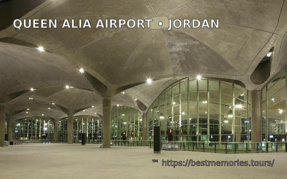 Queen Alia International Airport interior at night with Jordan airport terminal architecture