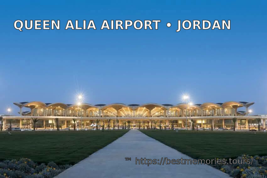 Queen Alia Airport terminal exterior at evening in Jordan — arrival point for Jordan tourism