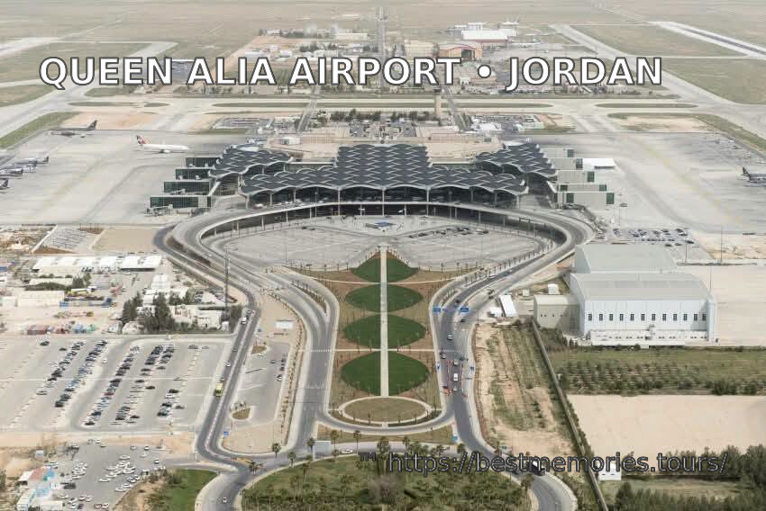 Aerial view of Queen Alia International Airport AMM and airport roads south of Amman, Jordan