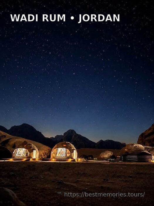 Wadi Rum desert camps beneath a clear night sky, Jordan