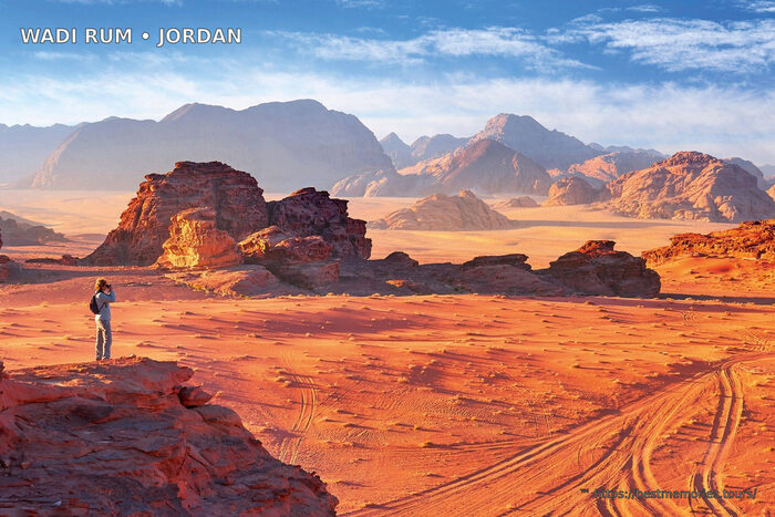 Wadi Rum desert panorama and sandstone mountains, Jordan