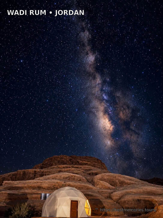 Luxury dome camp beneath the Milky Way in Wadi Rum, Jordan