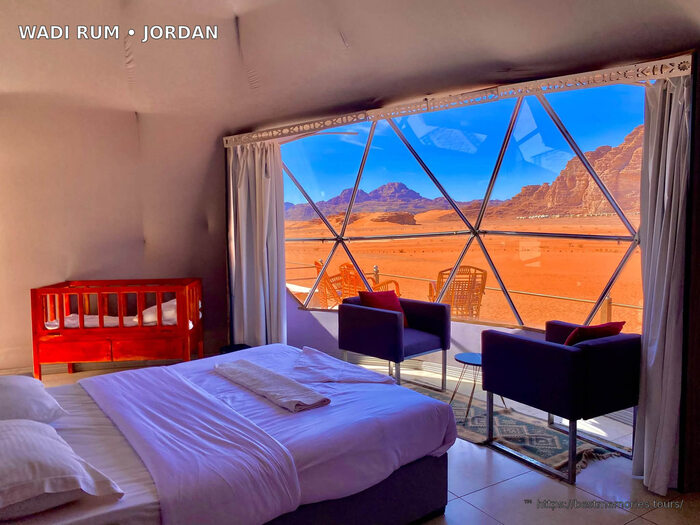 Luxury glass dome camp overlooking Wadi Rum desert, Jordan