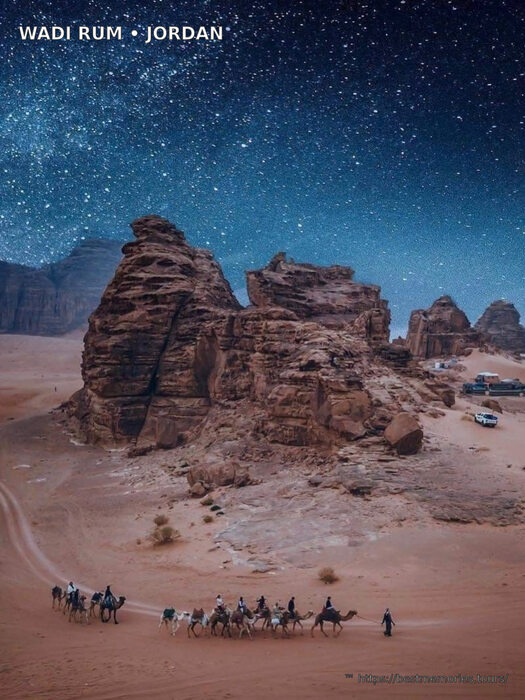 Camel caravan under the stars in Wadi Rum desert, Jordan