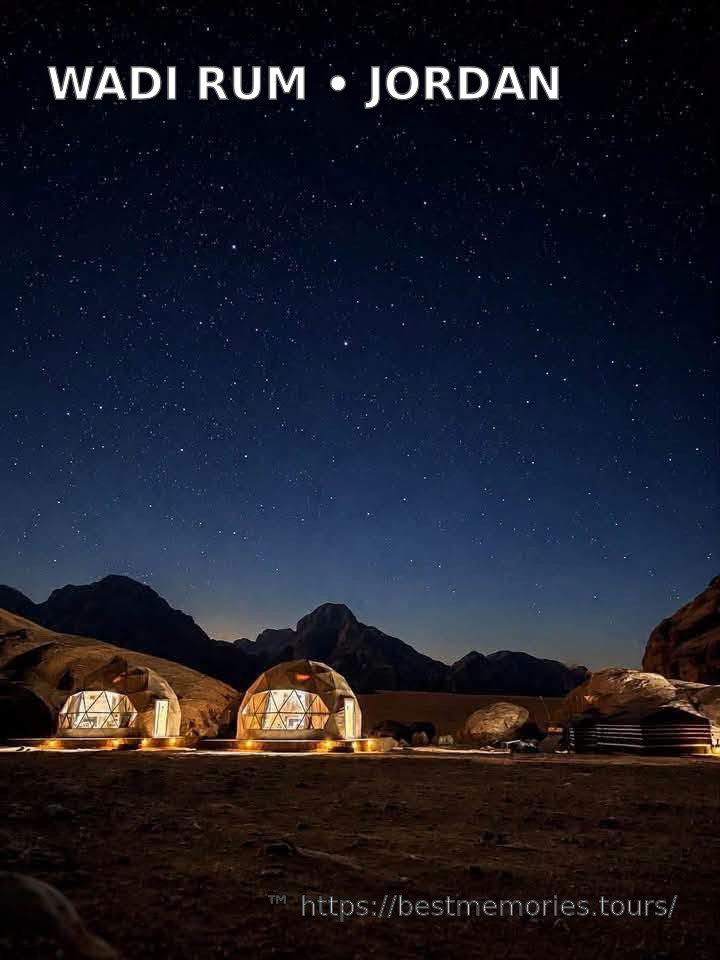 Illuminated desert camps beneath the stars in Wadi Rum, Jordan